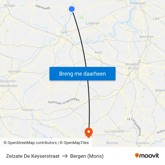 Zelzate De Keyserstraat to Bergen (Mons) map