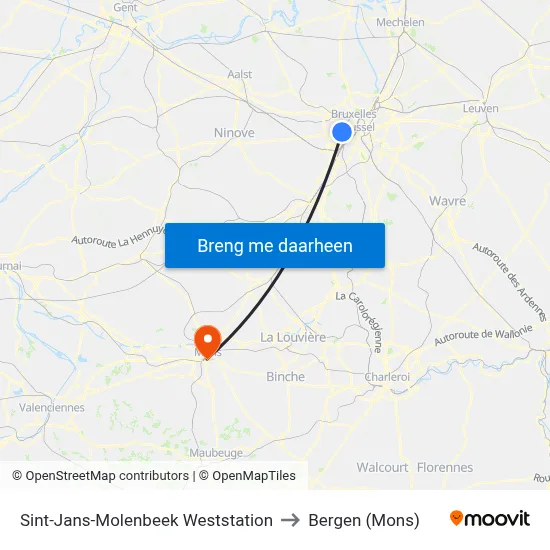 Sint-Jans-Molenbeek Weststation to Bergen (Mons) map