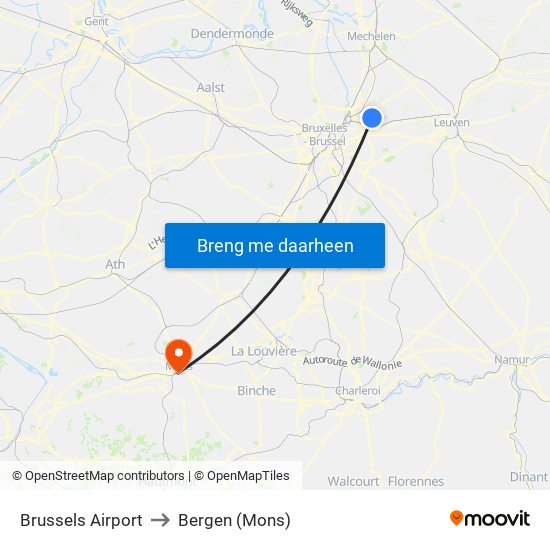 Brussels Airport to Bergen (Mons) map