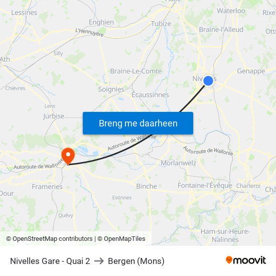 Nivelles Gare - Quai 2 to Bergen (Mons) map