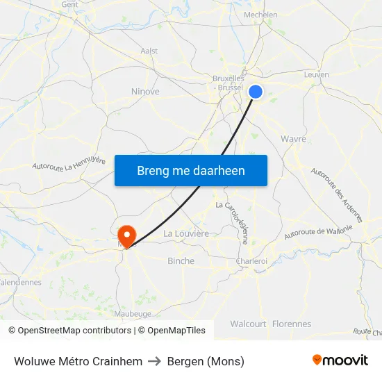 Woluwe Métro Crainhem to Bergen (Mons) map