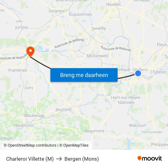 Charleroi Villette (M) to Bergen (Mons) map