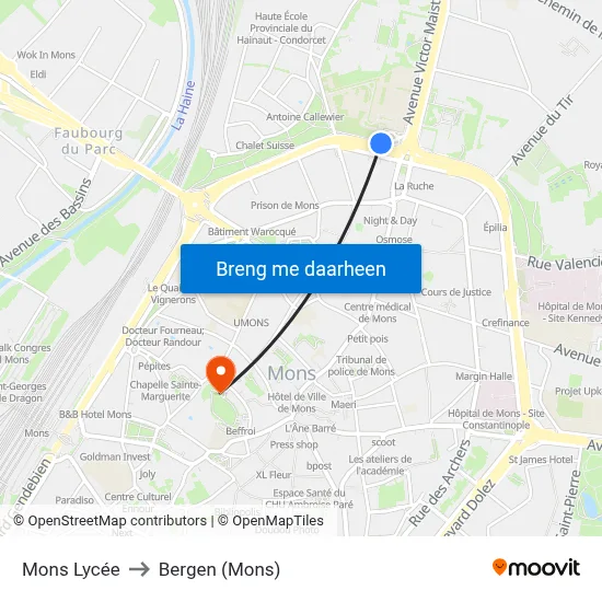 Mons Lycée to Bergen (Mons) map