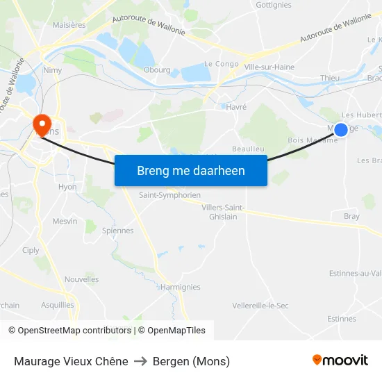 Maurage Vieux Chêne to Bergen (Mons) map