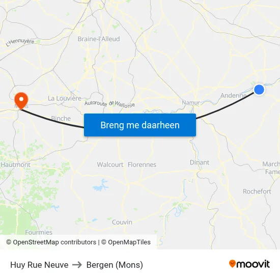 Huy Rue Neuve to Bergen (Mons) map