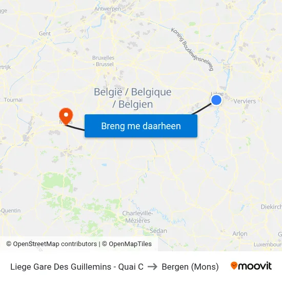 Liege Gare Des Guillemins - Quai C to Bergen (Mons) map