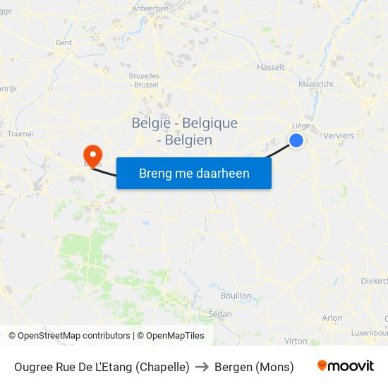 Ougree Rue De L'Etang (Chapelle) to Bergen (Mons) map