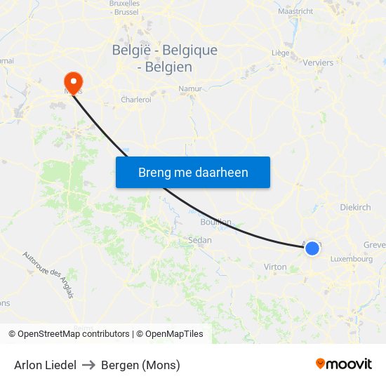 Arlon Liedel to Bergen (Mons) map