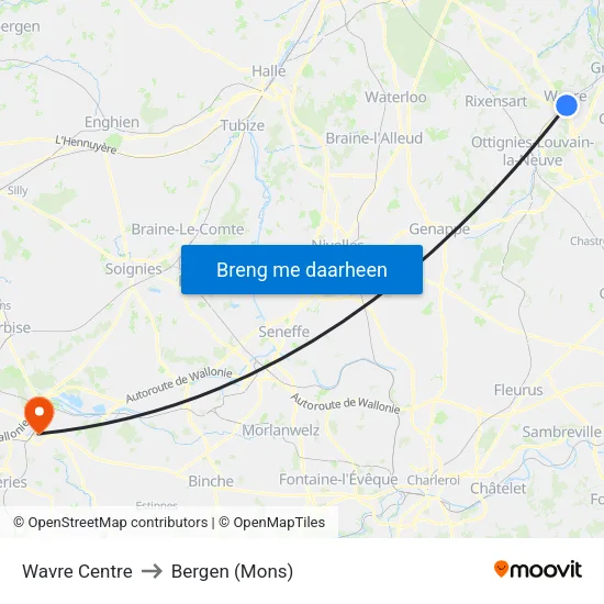Wavre Centre to Bergen (Mons) map