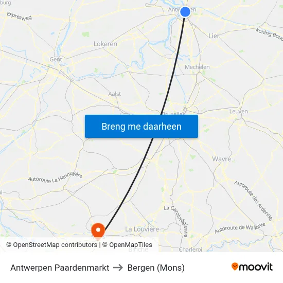 Antwerpen Paardenmarkt to Bergen (Mons) map