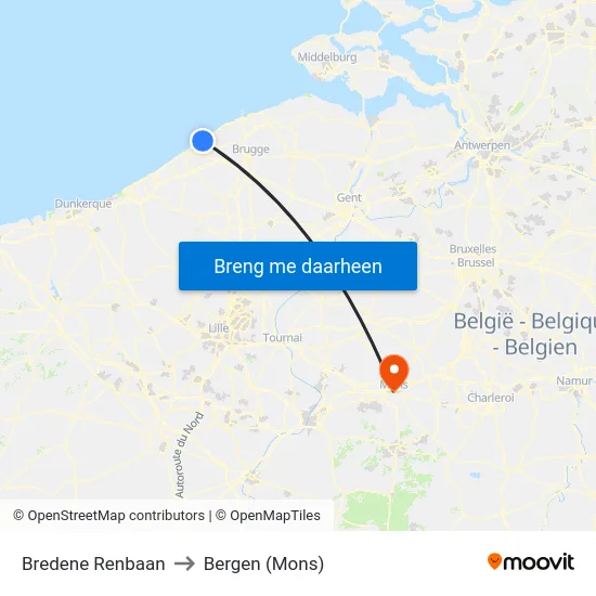Bredene Renbaan to Bergen (Mons) map
