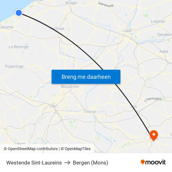 Westende Sint-Laureins to Bergen (Mons) map