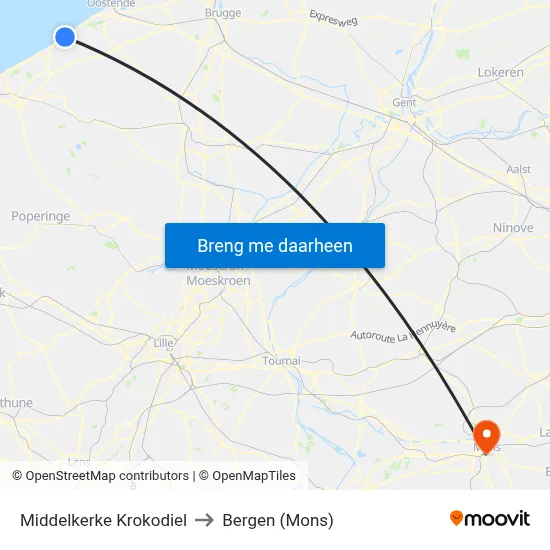 Middelkerke Krokodiel to Bergen (Mons) map
