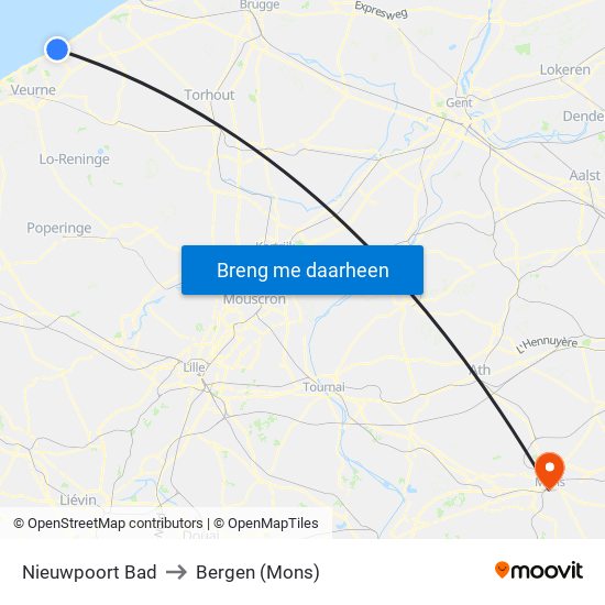 Nieuwpoort Bad to Bergen (Mons) map