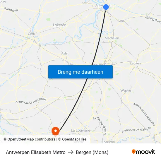Antwerpen Elisabeth Metro to Bergen (Mons) map