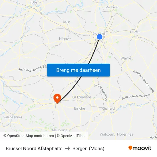 Brussel Noord Afstaphalte to Bergen (Mons) map