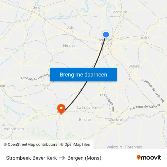 Strombeek-Bever Kerk to Bergen (Mons) map