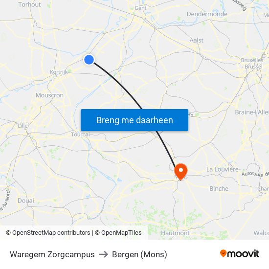 Waregem Zorgcampus to Bergen (Mons) map