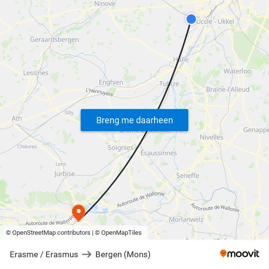 Erasme / Erasmus to Bergen (Mons) map