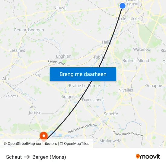 Scheut to Bergen (Mons) map