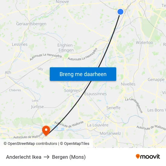 Anderlecht Ikea to Bergen (Mons) map