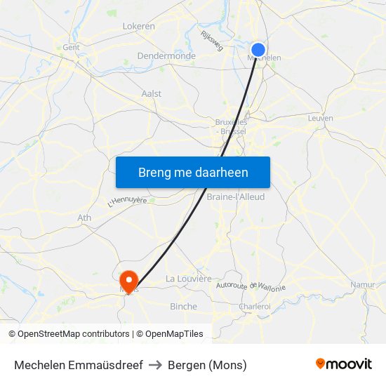 Mechelen Emmaüsdreef to Bergen (Mons) map