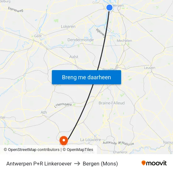 Antwerpen P+R Linkeroever to Bergen (Mons) map