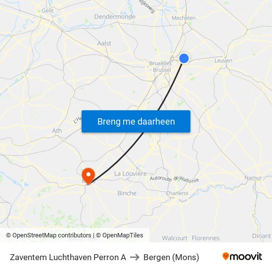 Zaventem Luchthaven Perron A to Bergen (Mons) map