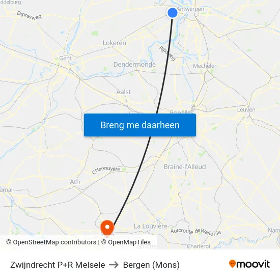 Zwijndrecht P+R Melsele to Bergen (Mons) map