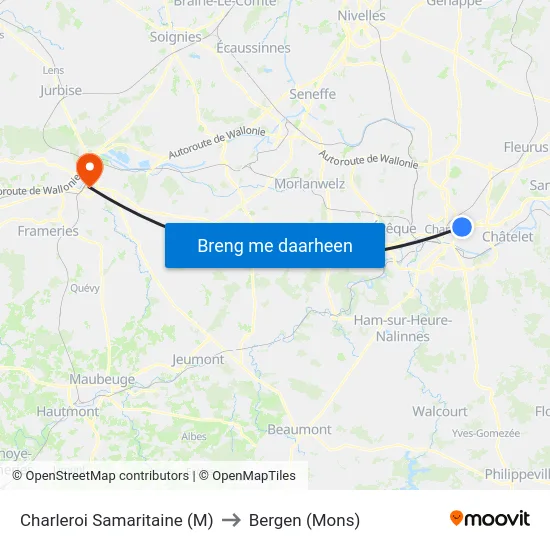 Charleroi Samaritaine (M) to Bergen (Mons) map