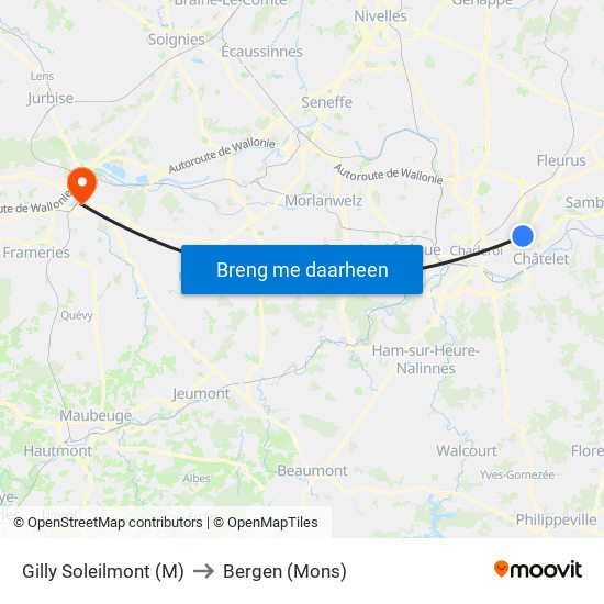 Gilly Soleilmont (M) to Bergen (Mons) map