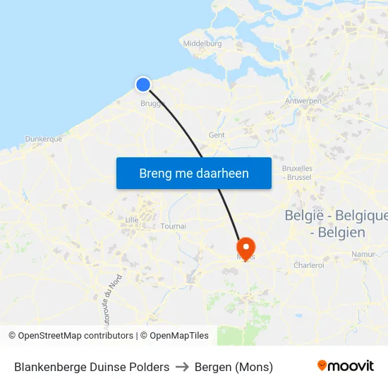 Blankenberge Duinse Polders to Bergen (Mons) map
