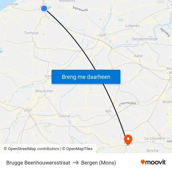 Brugge Beenhouwersstraat to Bergen (Mons) map