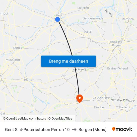 Gent Sint-Pietersstation Perron 10 to Bergen (Mons) map