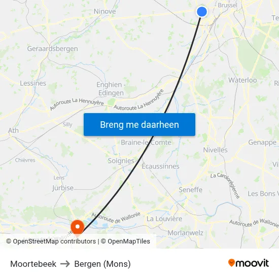 Moortebeek to Bergen (Mons) map