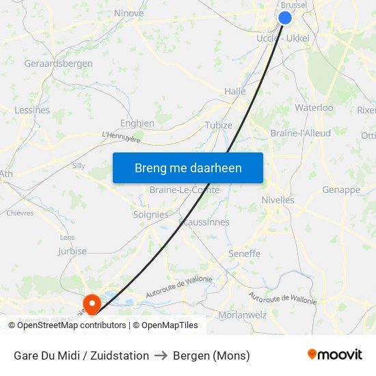 Gare Du Midi / Zuidstation to Bergen (Mons) map