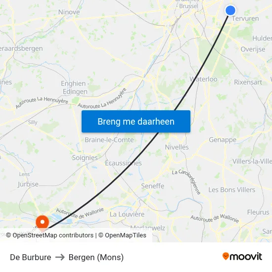 De Burbure to Bergen (Mons) map
