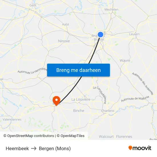 Heembeek to Bergen (Mons) map