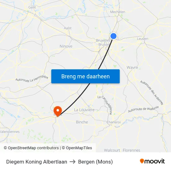Diegem Koning Albertlaan to Bergen (Mons) map