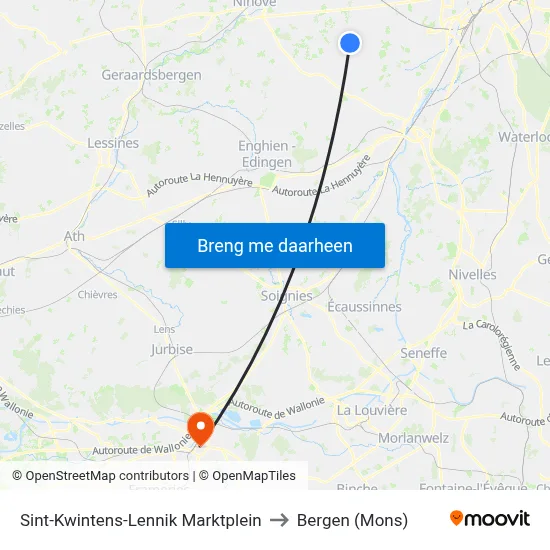 Sint-Kwintens-Lennik Marktplein to Bergen (Mons) map