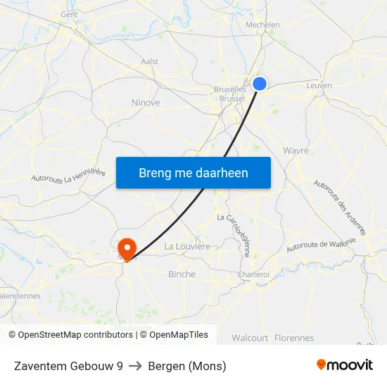 Zaventem Gebouw 9 to Bergen (Mons) map