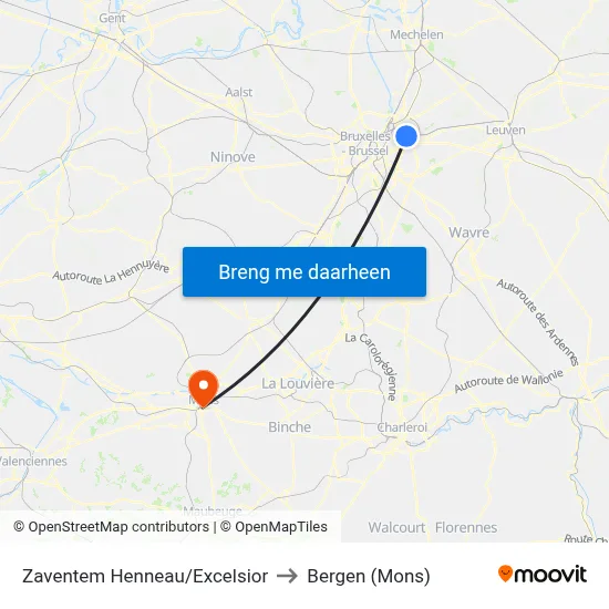 Zaventem Henneau/Excelsior to Bergen (Mons) map