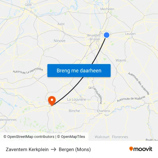 Zaventem Kerkplein to Bergen (Mons) map