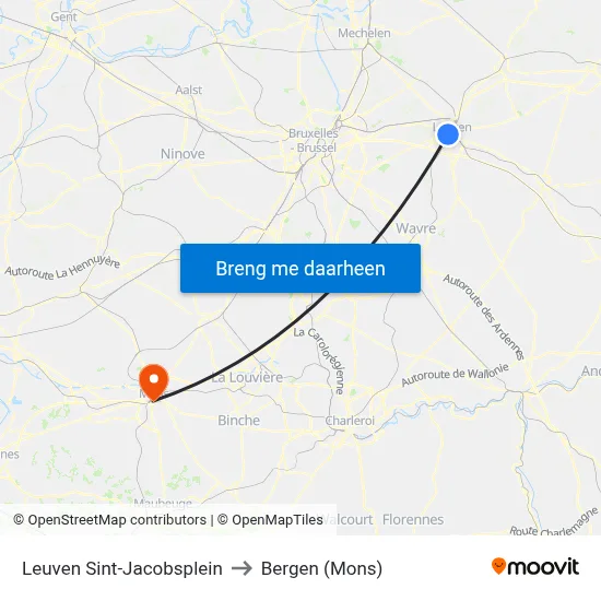Leuven Sint-Jacobsplein to Bergen (Mons) map