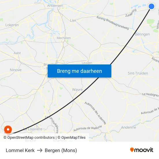 Lommel Kerk to Bergen (Mons) map