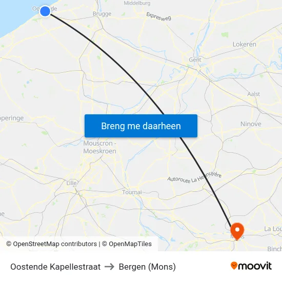 Oostende Kapellestraat to Bergen (Mons) map