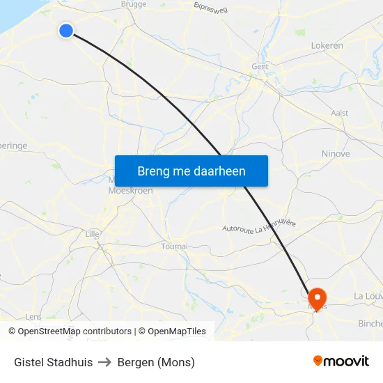 Gistel Stadhuis to Bergen (Mons) map