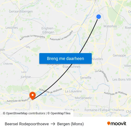 Beersel Rodepoorthoeve to Bergen (Mons) map