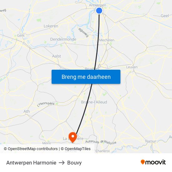 Antwerpen Harmonie to Bouvy map