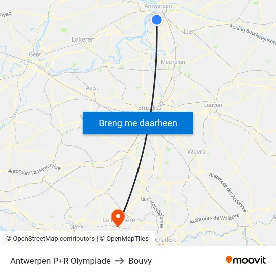 Antwerpen P+R Olympiade to Bouvy map